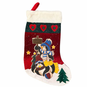 Vintage Felt Applique Christmas Stocking Penguins Playing Country Welcome Winter
